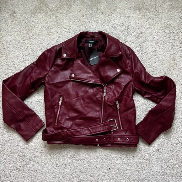Forever 21 Burgundy Faux Leather Moto Jacket Women’s Size M NWT - Picture 2 of 10